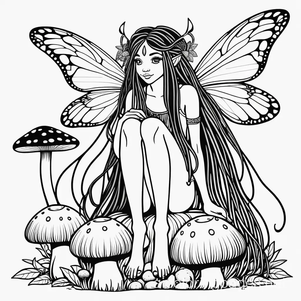 a beautiful black fairy with wings and long dreadlocks sitting on a mushroom, Coloring Page, black and white, line art, white background, Simplicity, Ample White Space. The background of the coloring page is plain white to make it easy for young children to color within the lines. The outlines of all the subjects are easy to distinguish, making it simple for kids to color without too much difficulty