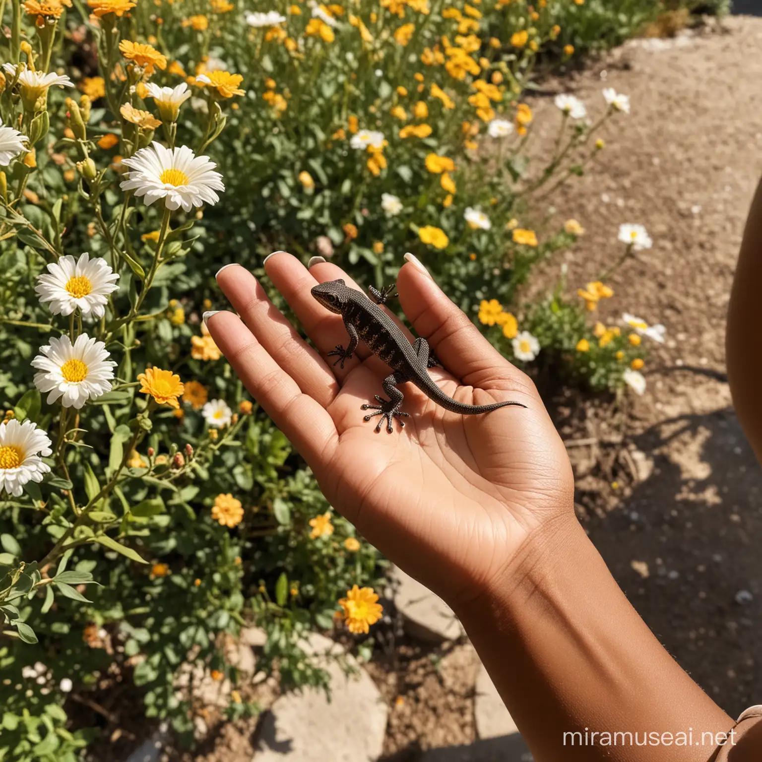 dark brown hands of a black girl with a gecko on in her hand. Flowers in the background nice sunny day.