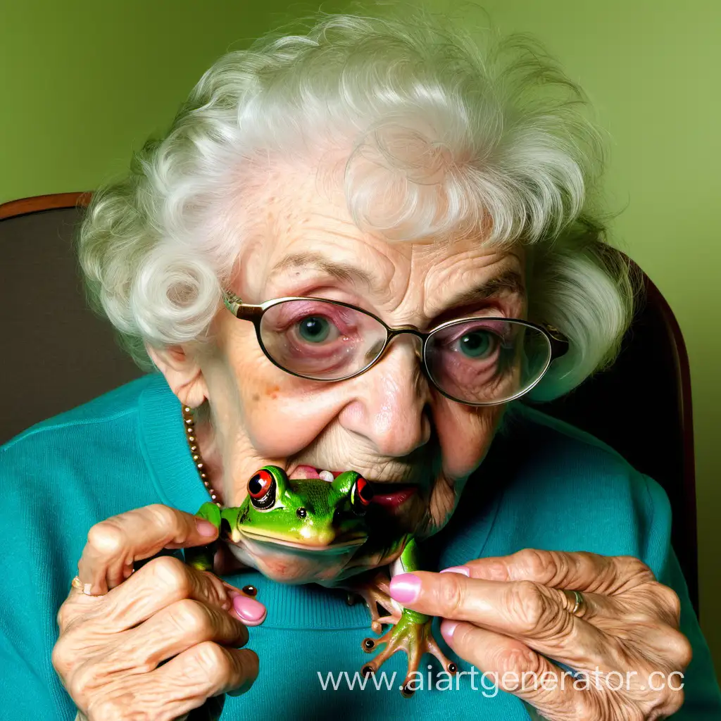 Elderly-Woman-Enjoying-Exotic-Cuisine-Grandma-Eats-a-Frog