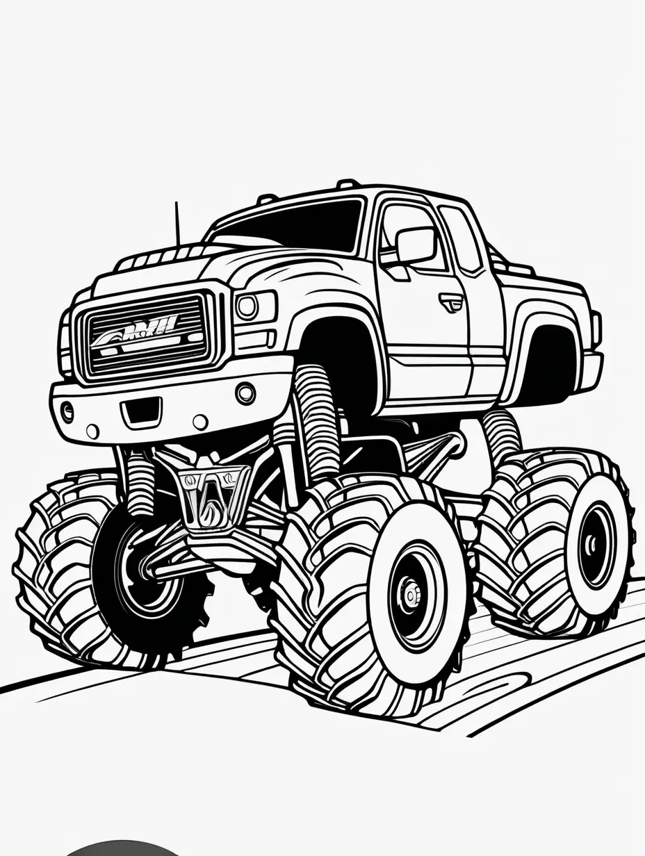 Coloring page for kids, moster truck, the truck is on a car track, black lines white background 
