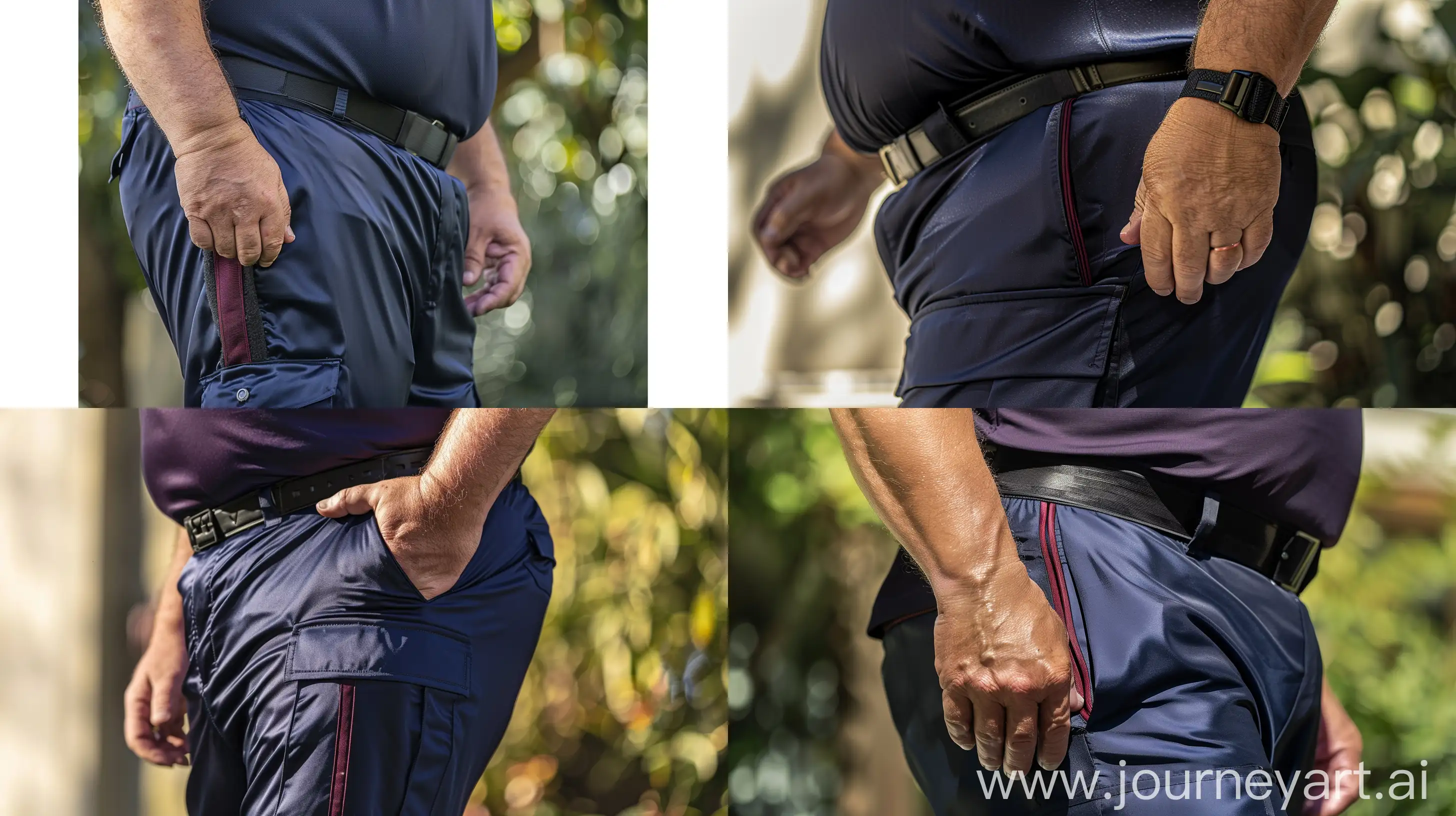 Close-up photo of a fat man aged 60 wearing silk navy blue cargo pants. There is a vertical burgundy thin stripe on side of the leg of the pants. Tucked in silk navy sport polo shirt. Big black tactical belt. Running. Natural light. --ar 16:9