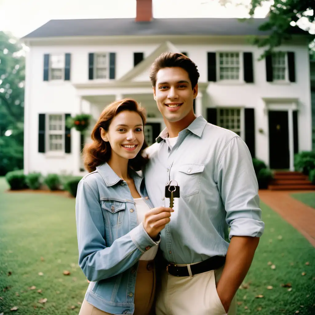 create a photo quality image of an attractive couple standing in front of a colonial home holding a house key. Make it in Kodak Portra 400 quality.
