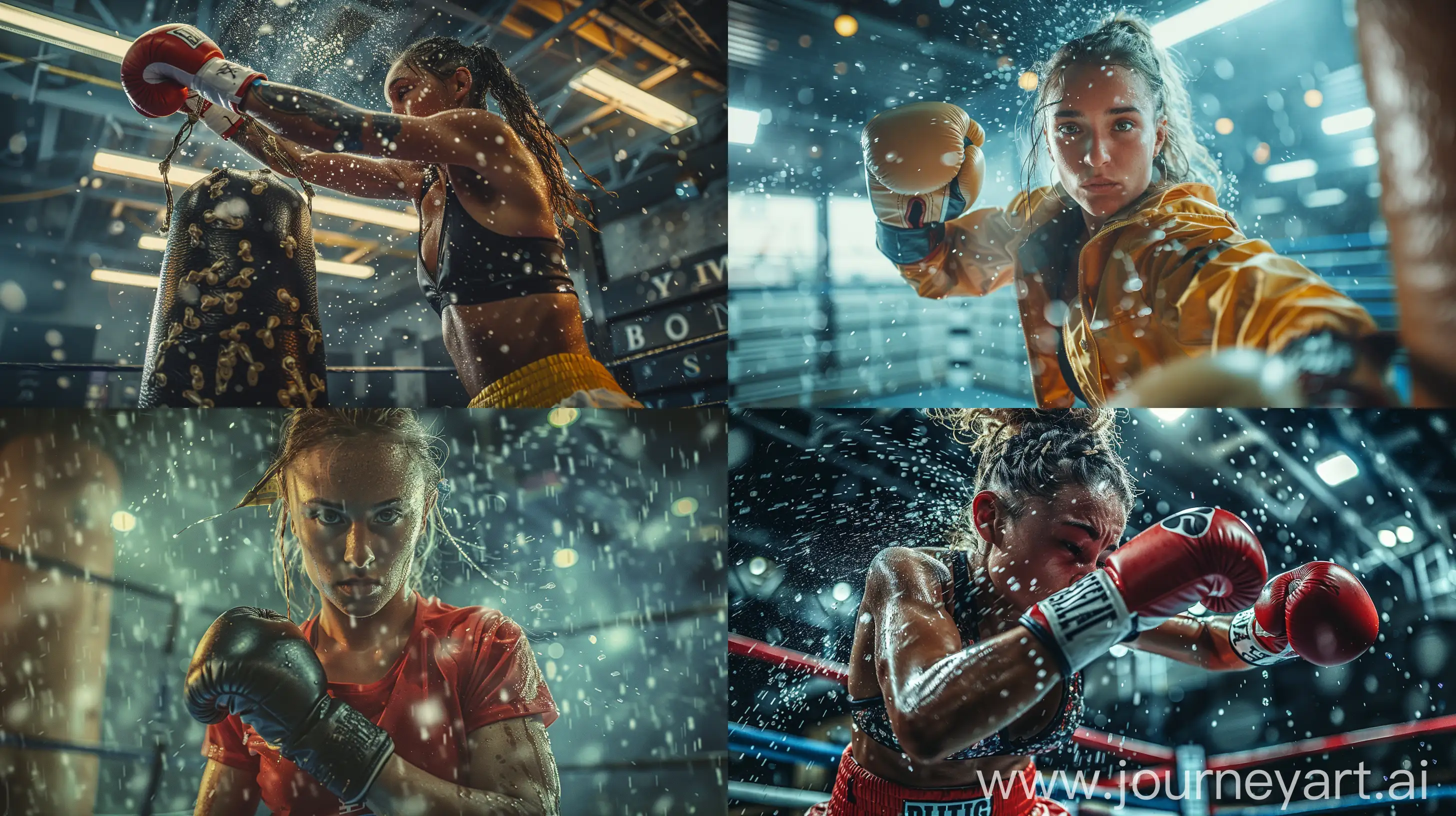 Boxer girl journey from training to championship, dynamic collage of action shots, punching bag, sparring, sweat, determination, victorious raise of the belt, urban gym background, photojournalistic style, raw emotion, empowering, cinematic montage --ar 16:9 --s 300 --v 6 --c 10