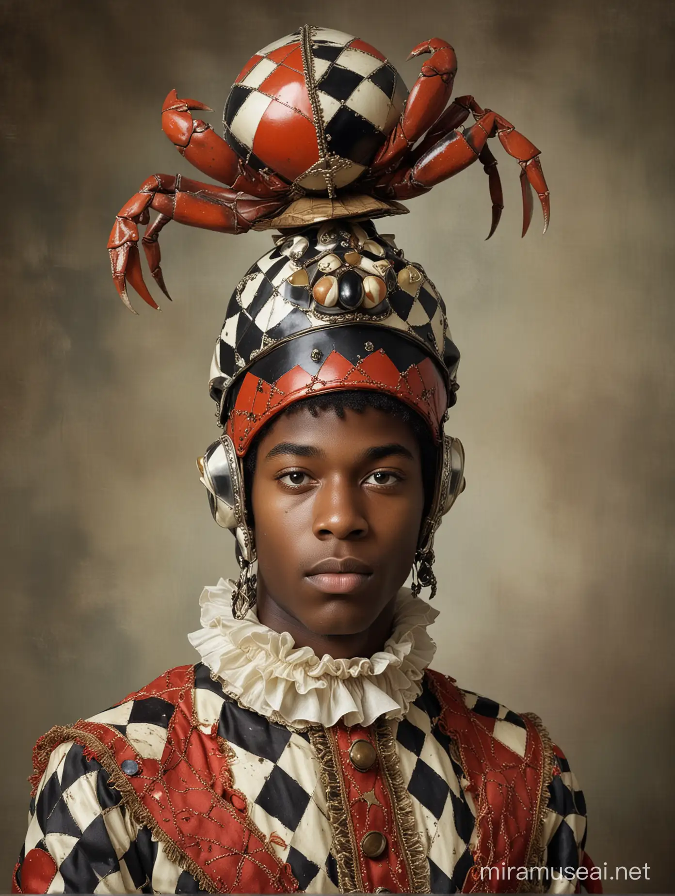 Vintage Harlequin Teenager Posing with Crab Helmet