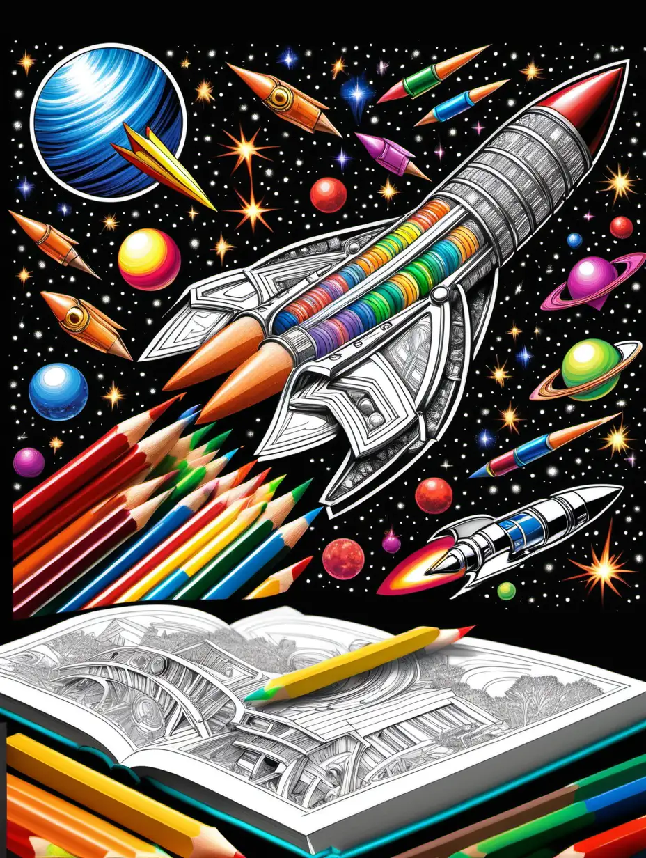 Adult Coloring book describing  COLORING PENCILS integrated in a quantum particle and coloring a warp drive rocket ship