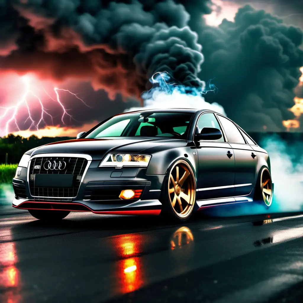 Audi A6 po tuningu w pochmurny dzień, dym unoszący się z kół, ostre kolory, ultra realistyczna tapeta samochodu z piorunami na niebie.