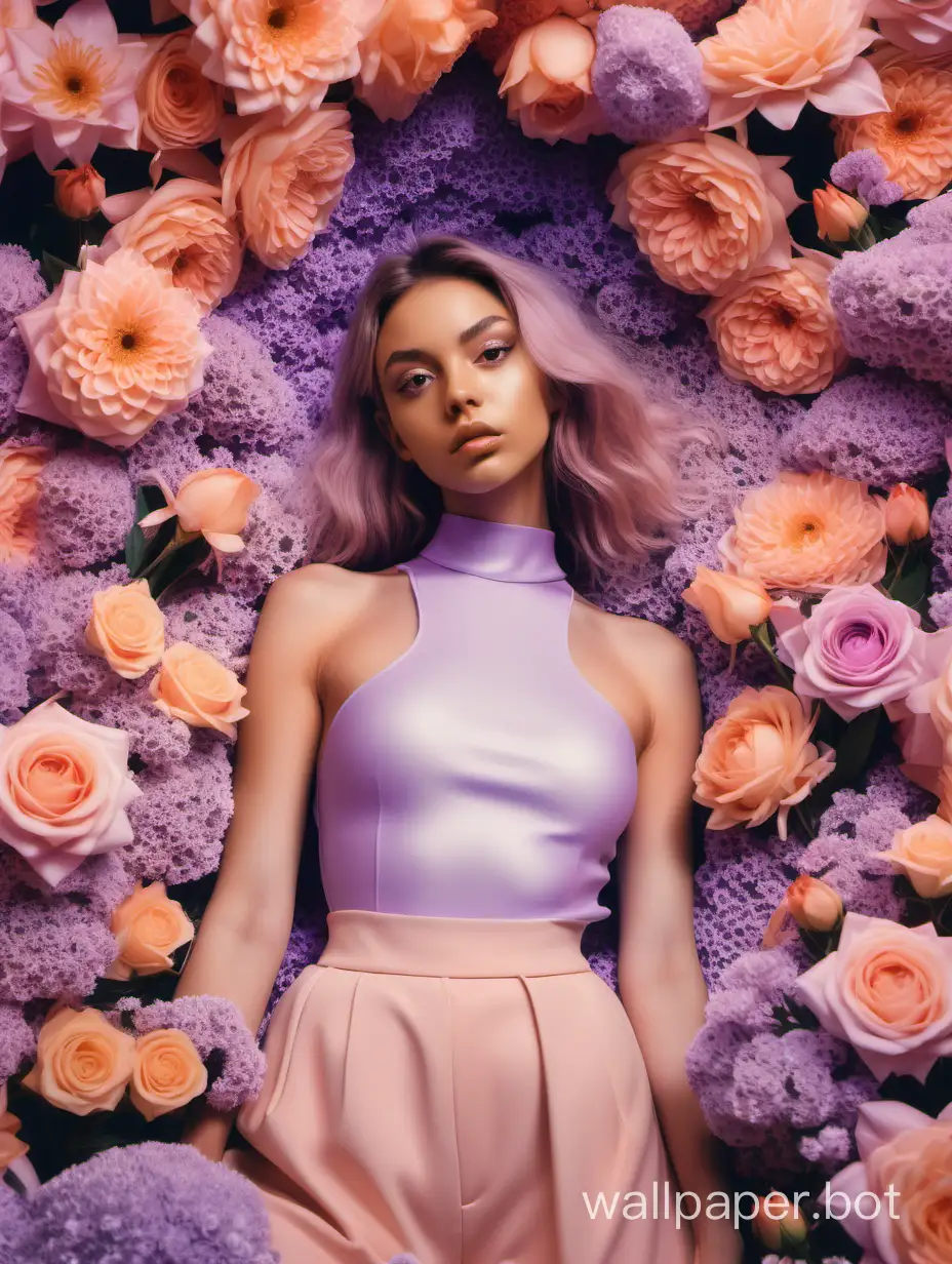 Surreal-Instagram-Model-Portrait-Surrounded-by-Peach-and-Lilac-Flowers