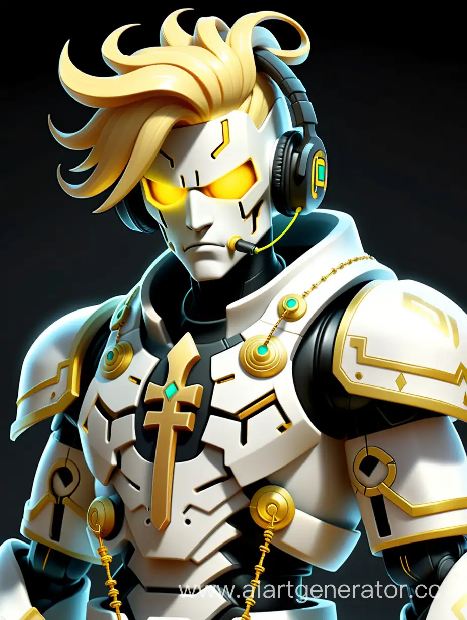 future combat android, white body, also on the body is white armor that protects him, white face, yellow eyes, golden hair, black headphones with a built-in microphone, holds the Ankh Shield from Terraria in his hands, small pieces of a broken berquoise chain are fastened on his hands.

