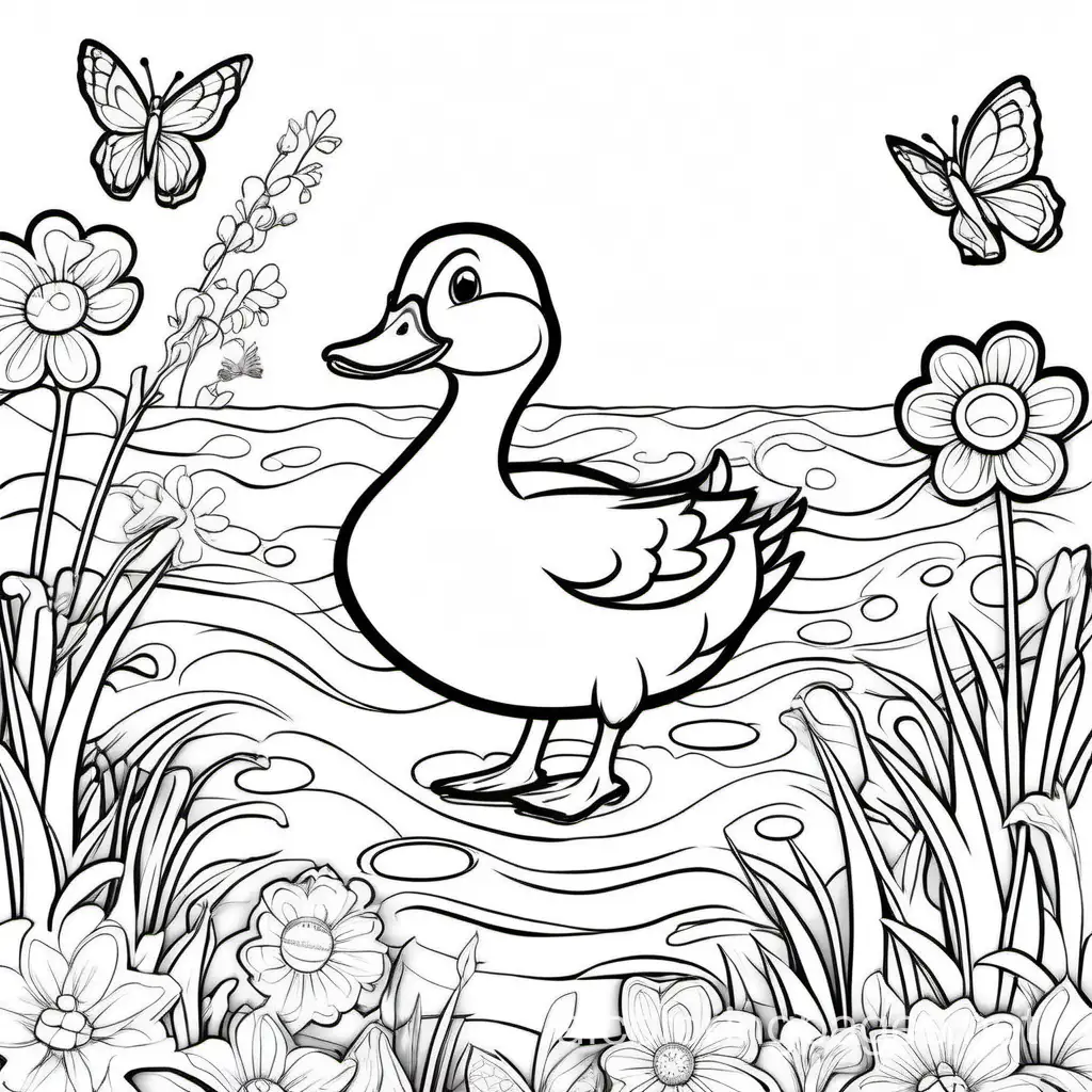 Joyful-Duck-Surfing-Coloring-Page-for-Kids-with-Flowers-and-Butterflies