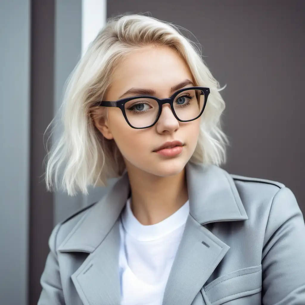Stylish Young Woman in Gray Jacket and Glasses