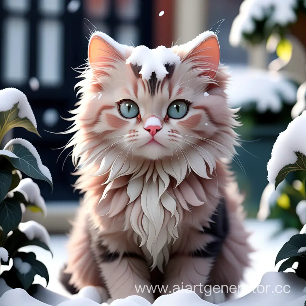 красивый котик на фоне заснеженного сада