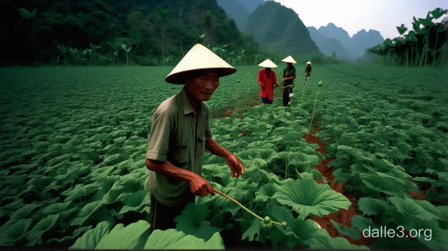 Southern China on the border with Laos and Cambodia, jungle, Chinese peasants working on an opium poppy plantation.