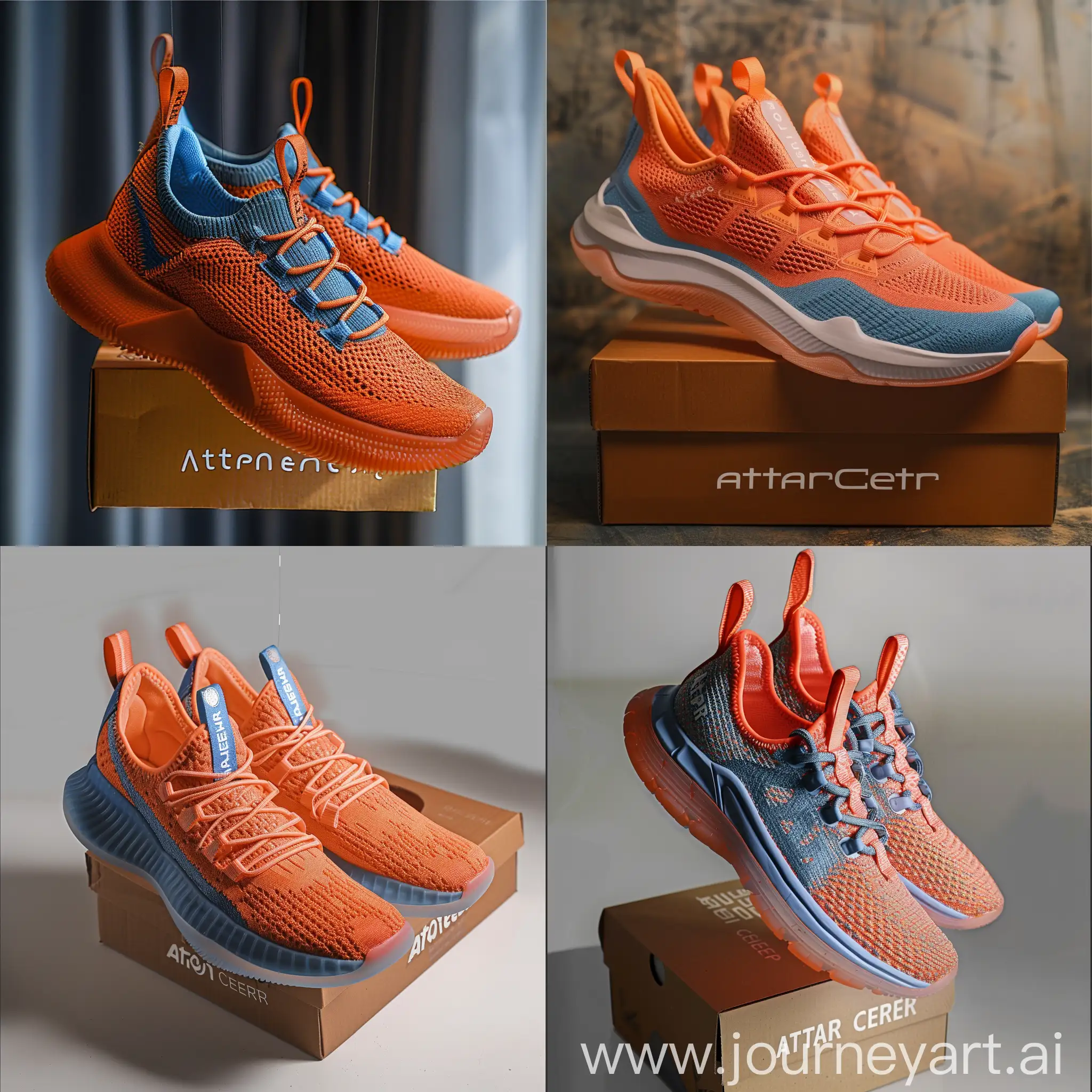 A pair of orange-blue sports shoes with a white background that is suspended in the air and on a brown cardboard box, the Attar Center brand name is clearly engraved in white.