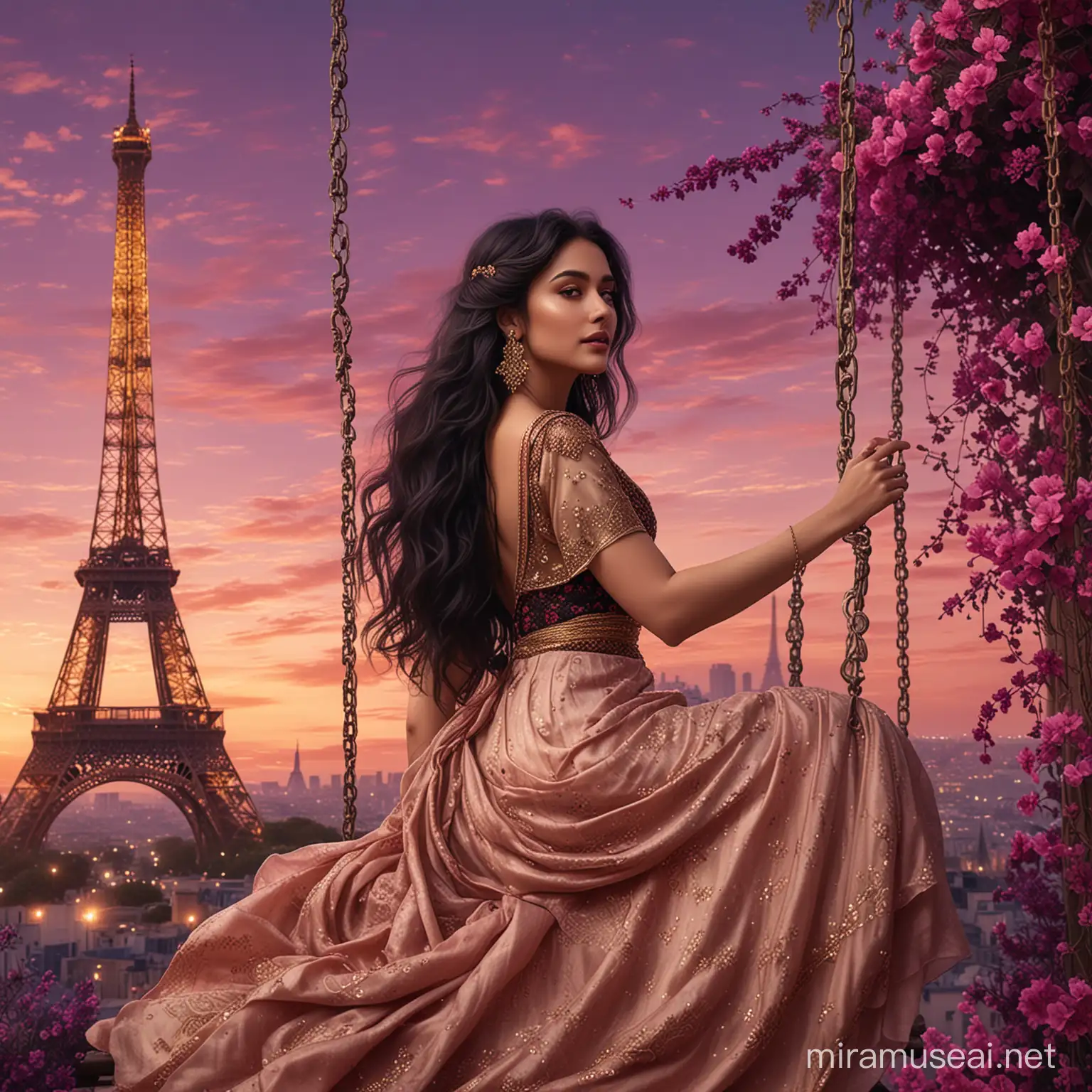 A beautiful woman, from profile, with highly detailed dress, sitting on a swing in a dark pink sky, surrounded by dark purple flowers. Long black wavy hair, long elegant beige and dark red dress, sari tissu. Background golden vapor. Background golden tower effel. 8k, fantasy, illustration, digital art, illustration art, fantasy art, fantasy style