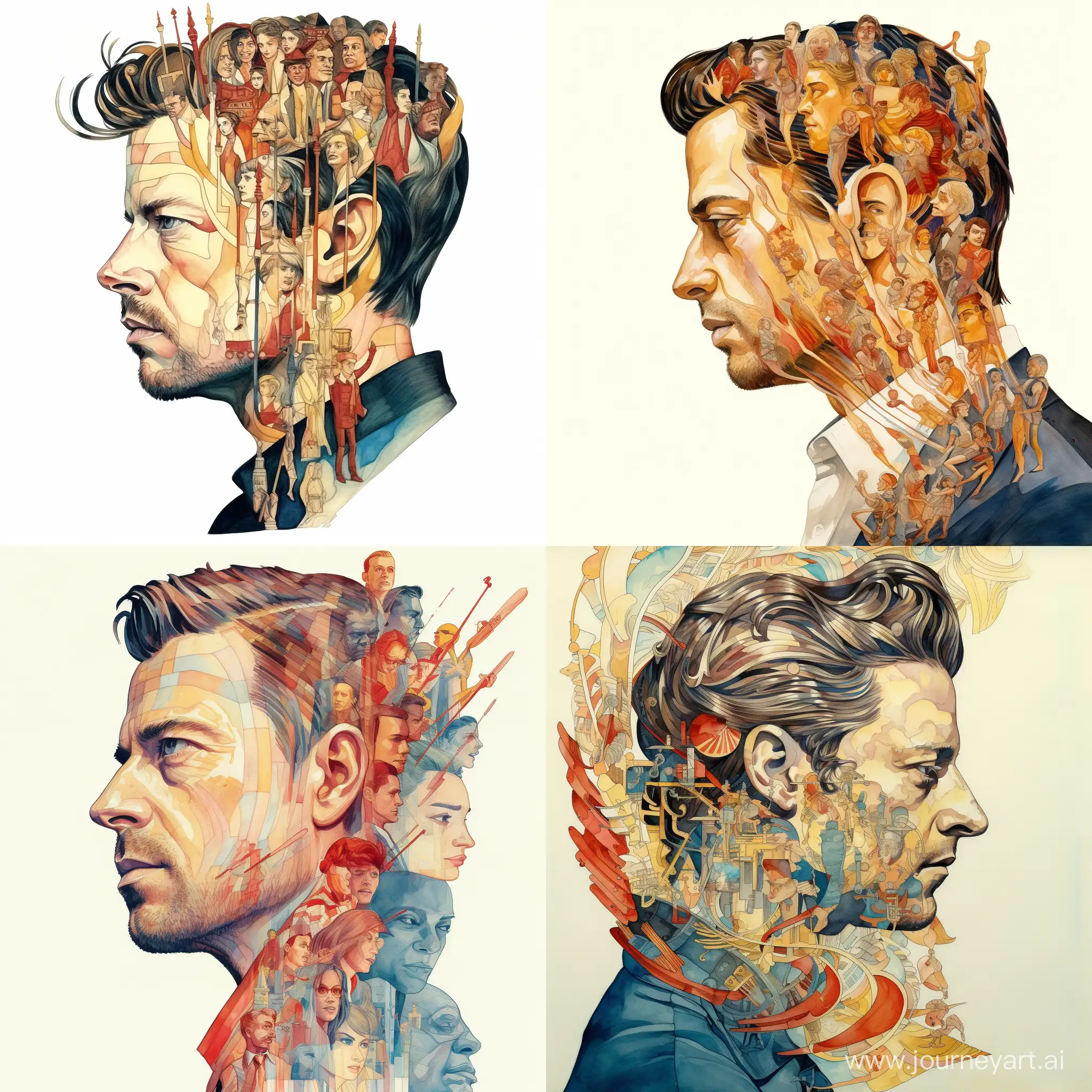 Profile-Portrait-of-Actor-Brad-Pitt-with-Crown-Amidst-Film-Characters