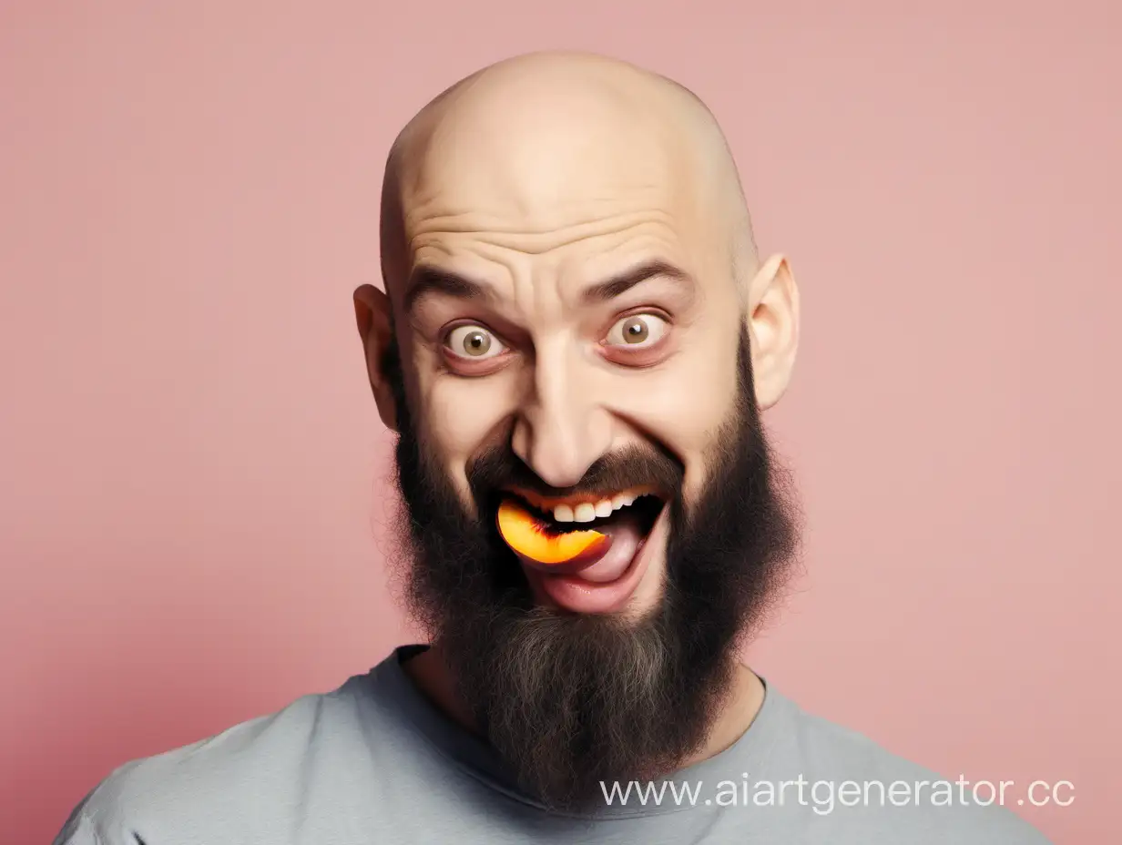 Лысый бородатый смешной грузин с одной бровью ест персик комедия