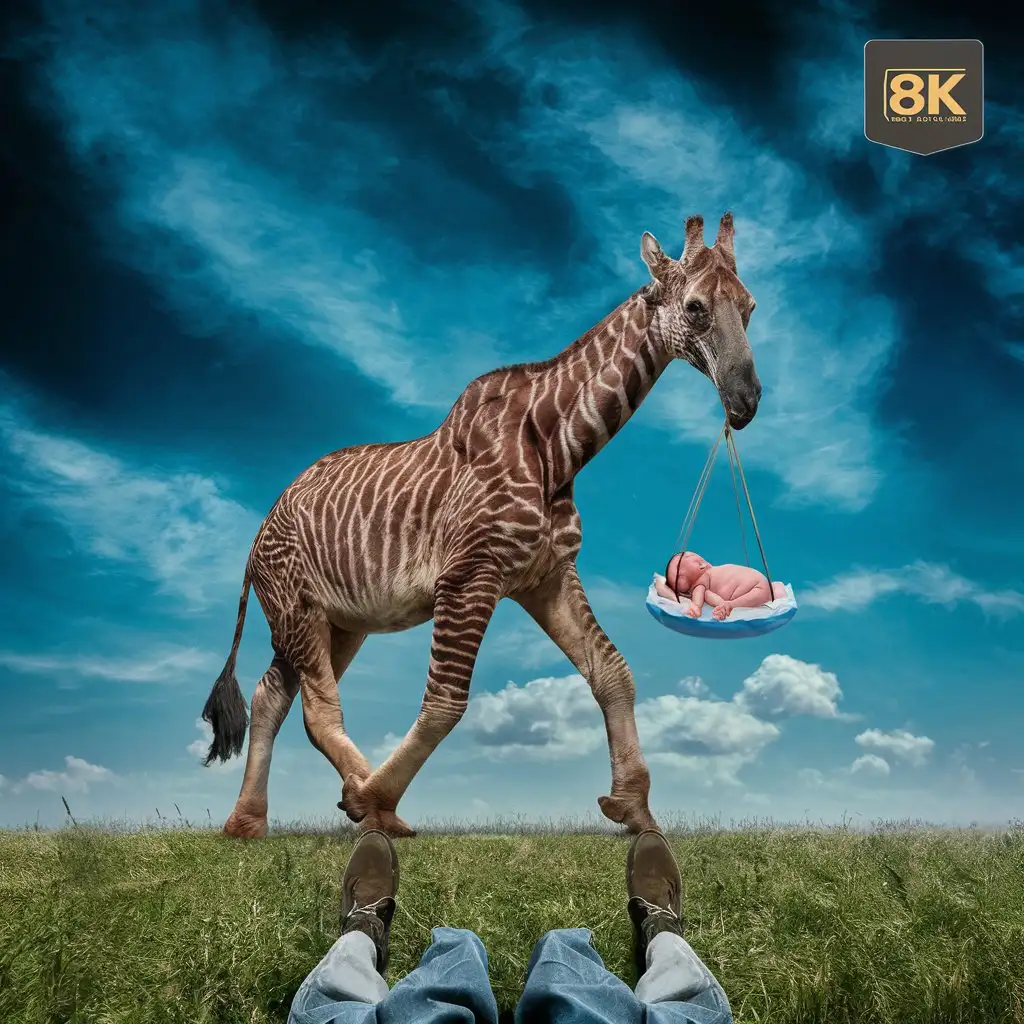Crea un'immagine fotorealistica di una giraffa con un fargotto contenente un bimbo umano neonato appeso al collo, ripresa da altezza uomo, il cielo sullo sfondo è azzurro, qualità 8k, Alta risoluzione,  