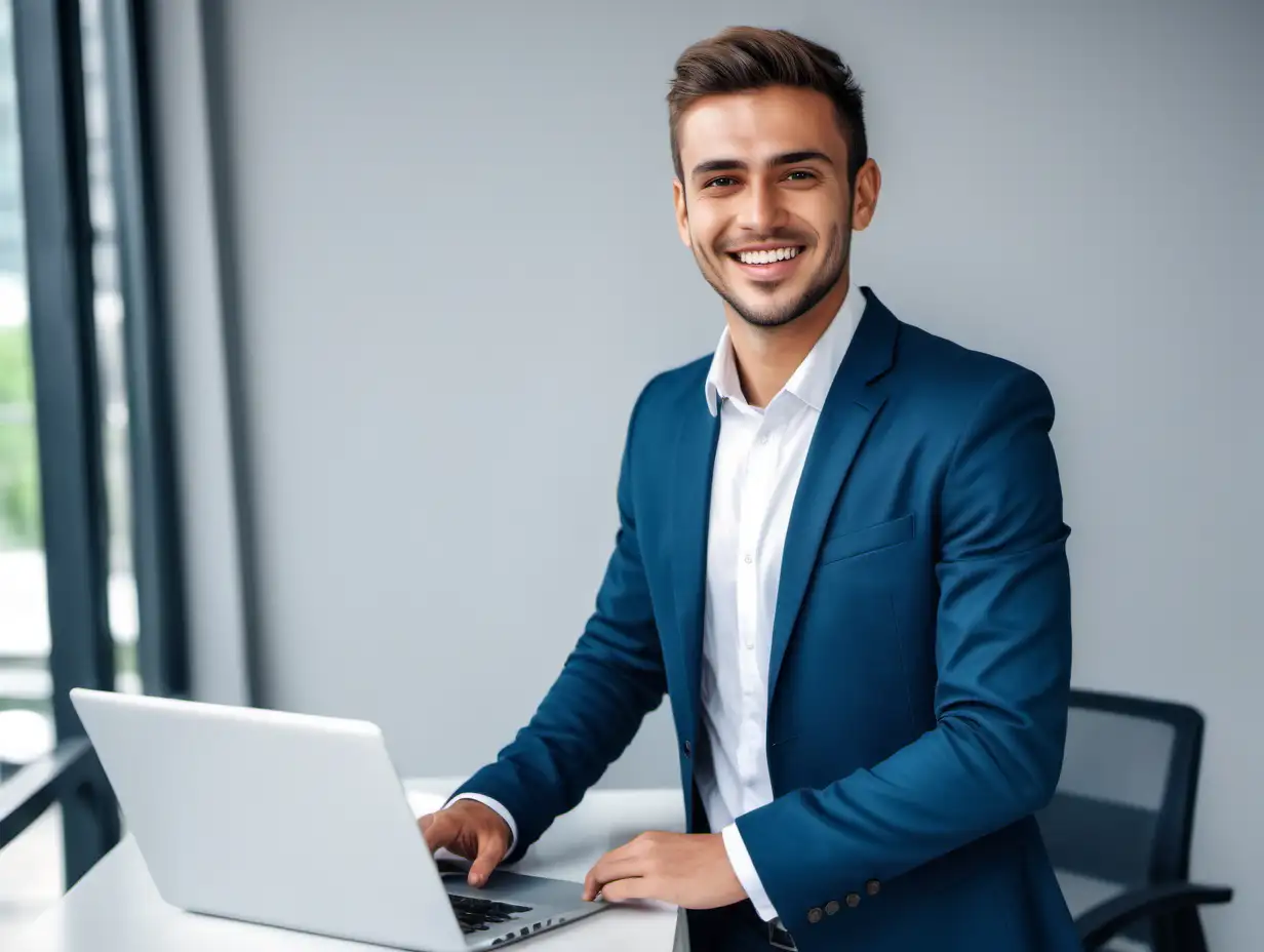 Young happy pretty smiling professional business man, working at laptop, happy confident positive female entrepreneur standing in office, looking at camera,