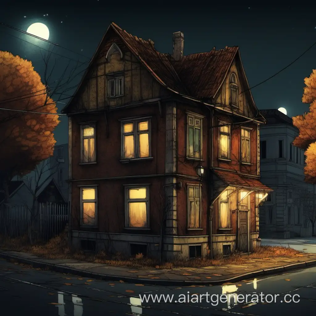 Тихий городок , ночь, на дворе осень , старый дом на углу улицы