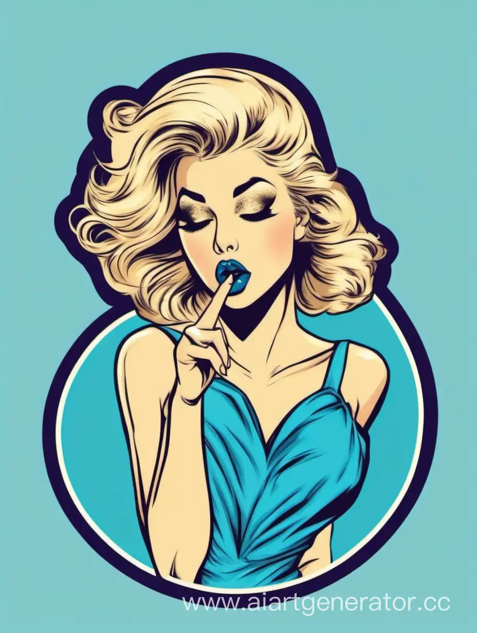 гламурная девушка блондинка шлет воздушный поцелуй в синем платье стикер