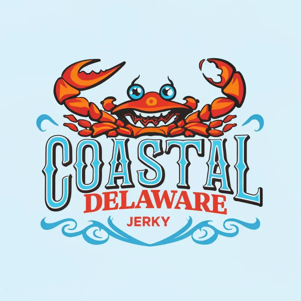 a logo design,with the text "COASTAL DELAWARE JERKY", main symbol:cartoon blue claw crab,complex,be used in Retail industry,clear background
