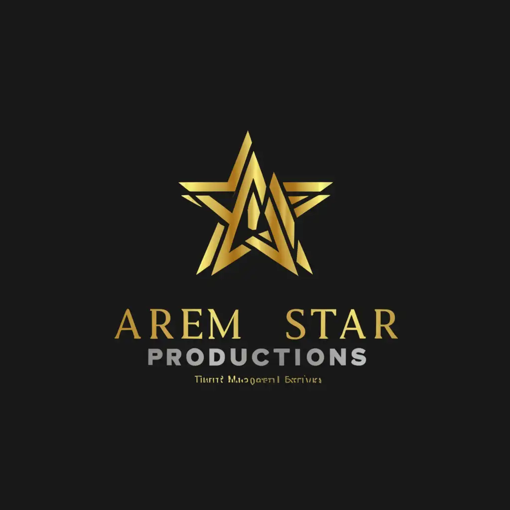 a logo design,with the text "AREM STAR PRODUCTIONS 
TALENT MANAGEMENT SERVICES", main symbol:Showbiz industry, color gold and black stuning.,complex,be used in Entertainment industry,clear background