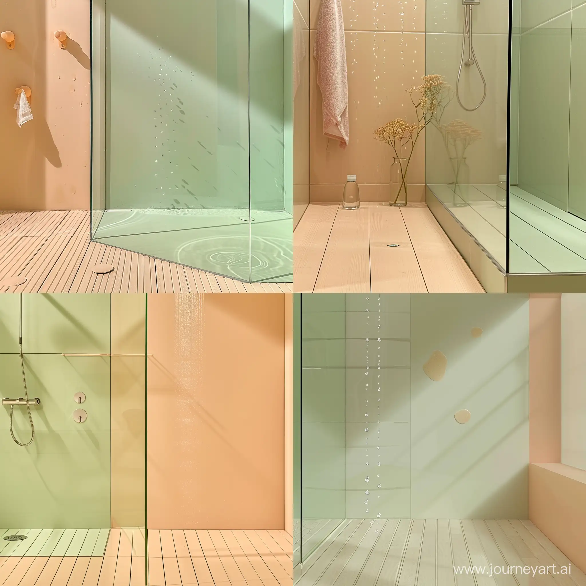Bagno stile minimal Pavimento parquet chiaro colore pesca beige verde chiaro foto da dentro la doccia poche  gocce di acqua che scendono sul cristallo del box doccia
