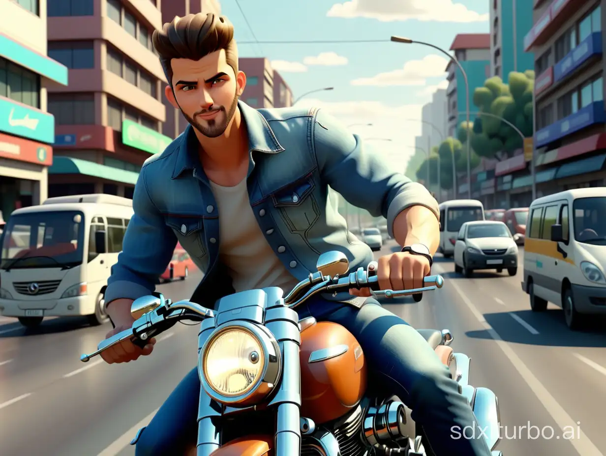 A handsome and dashing guy, wearing jeans, riding a big motorcycle, driving on the main road, with cars and buses in front and behind, 4k