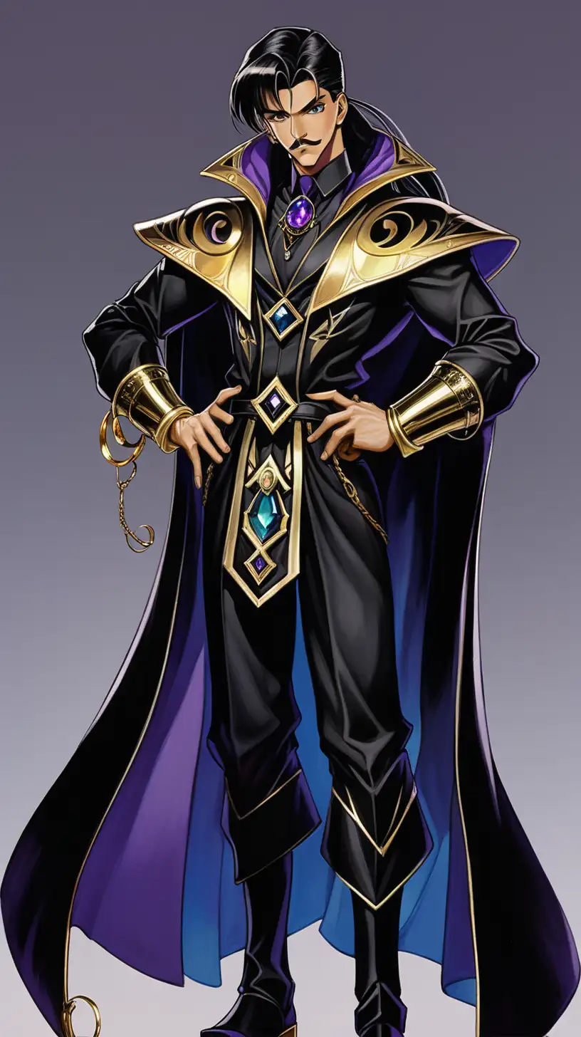 in the style of the vintage anime sailor moon, late-20s young man with lightly tan skin. He has a mustache and a short cropped goatee. He is a warlock from a medieval fantasy setting. he wears black elegant mage robes accented in gold plating with a long cape that turns from black to deep blue towards the bottom. he has gold hoop earrings with teardrop crystals hanging from them. He has gold bands down his biceps, forearms and wrists. He has a serious attitude to him. on his head is a black oversized wizard's hat with purple, teal, and gold accents. His hair is black and down to his shoulderblades, and the top of his hair is tied and braided down his back. His eyes are a deep gold color. His pants are black trousers, and black boots with gold metal accents. In his hand is a warlocks tome that has an infernal sigil on the front. this is a full body image.