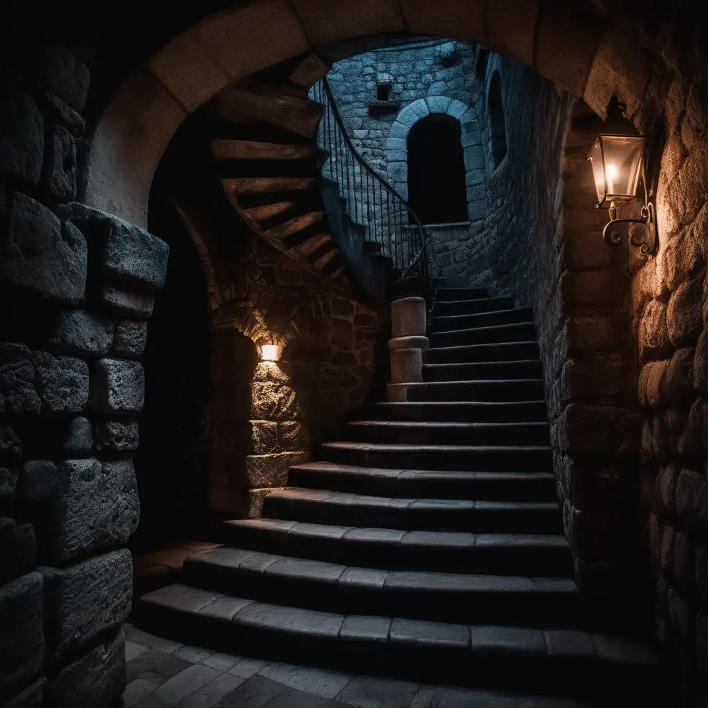 Im Mittelpunkt steht eine mediterrane mittelalterliche dunkle Treppe die nach unten ins Dunkel führt in einer Burg wie in Stari Bar Montenegro. Pixar Stil, geheimnisvolle Atmosphäre
