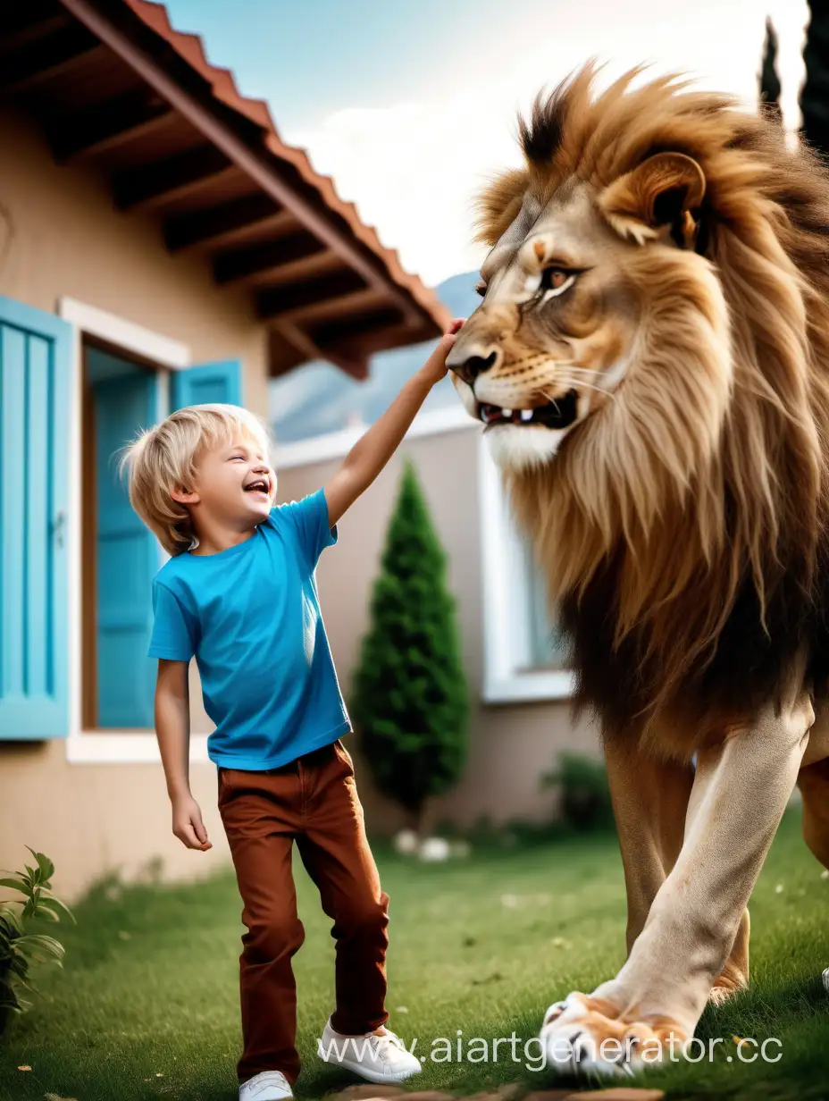 Райское место, природа, счастливый лев ,играет с мальчиком, мальчик светлый, в синей футболке, коричневых штанишках,на фоне красивого дома 
