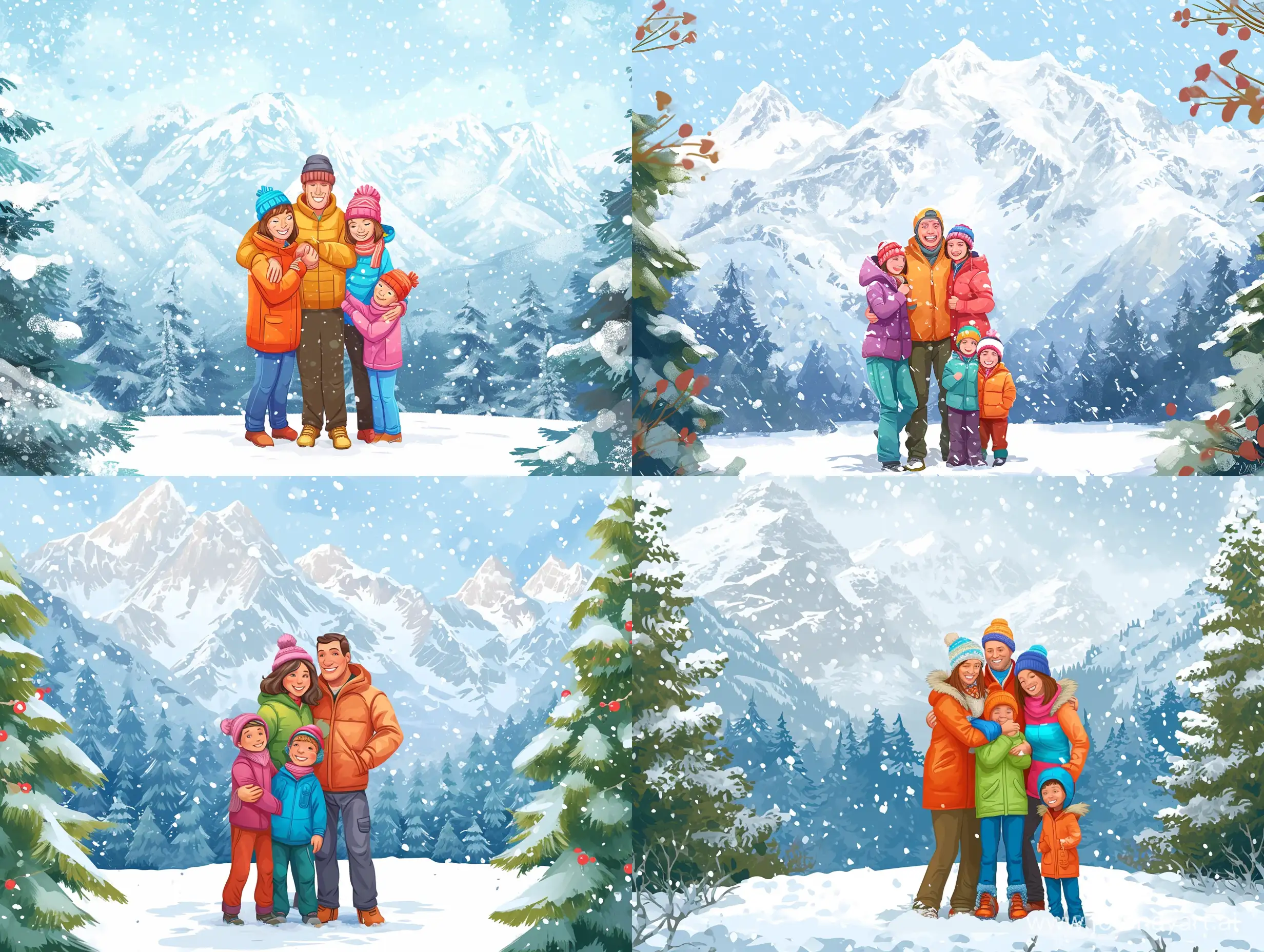 Disney Cartoon style of  A family of four, consisting of a man, a woman, and two children, stand together, embraced, against the backdrop of a snow-covered mountain. It's snowing softly. They are all smiling into the camera, capturing the joyous moment. Parents and children are dressed in bright colored jackets, hats and scarves. The snow-covered forest and other peaks can be seen in the distance.