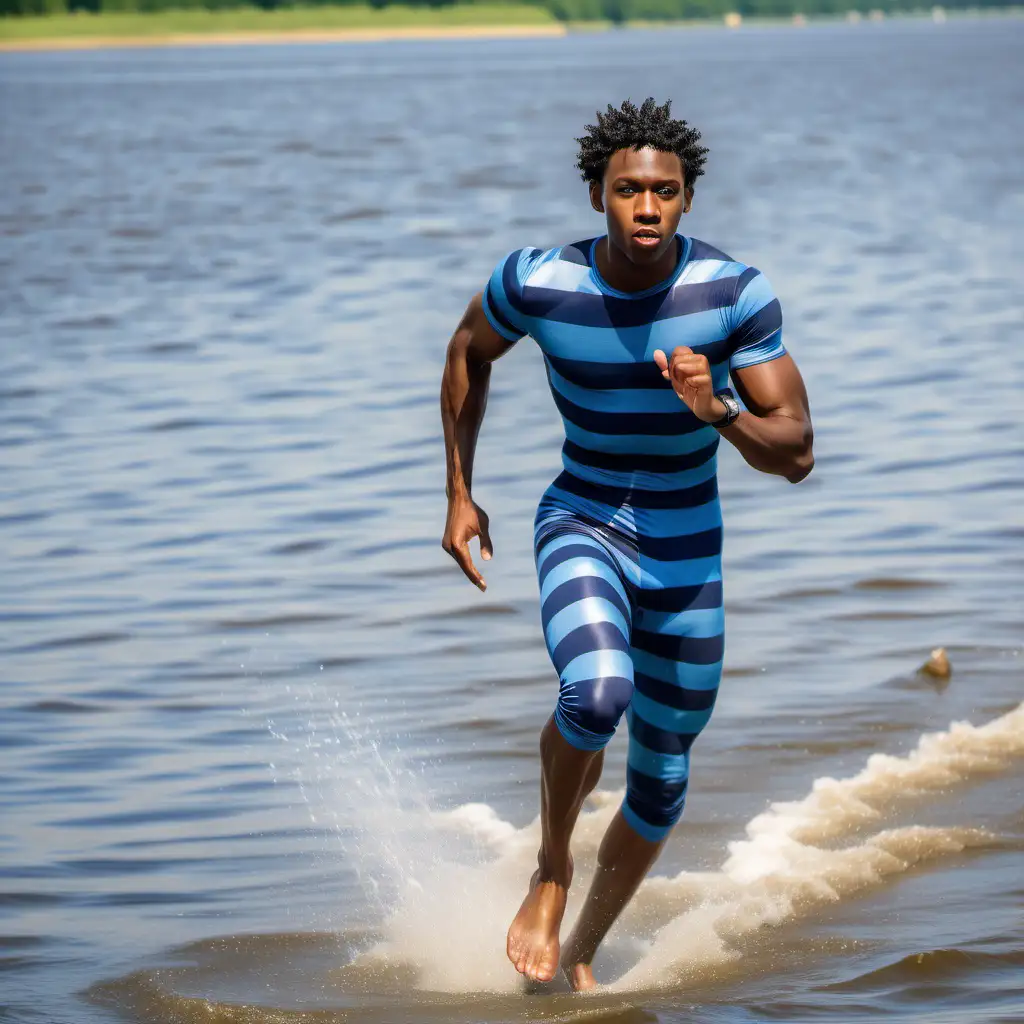 Energetic Navy BlueStriped Young Man Running on Mississippi River