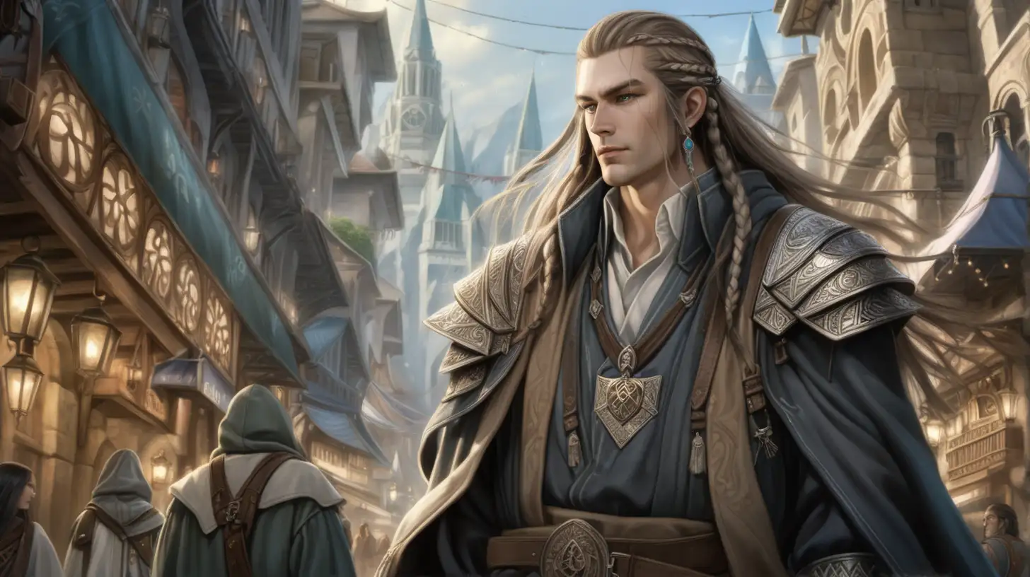 A man of age 25 stands in the middle of a bustling city, with tout pale skin. He has long hair in braids that flow down his back with simple accessories in them. His eyes are pallid, unseeing. His attire consists of a mix of rugged adventurer's gear and elements of mystical robes, including a long, flowing cloak and intricately designed armor pieces that hint at his arcane abilities. Around his neck, he wears a prominent, ancient amulet, glowing subtly. 