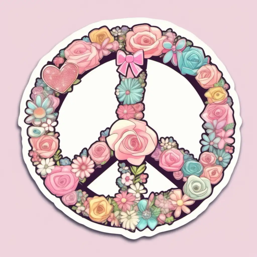 Lovely Pastel Peace Sign Sticker with Pink Bow and Flowers on White Background