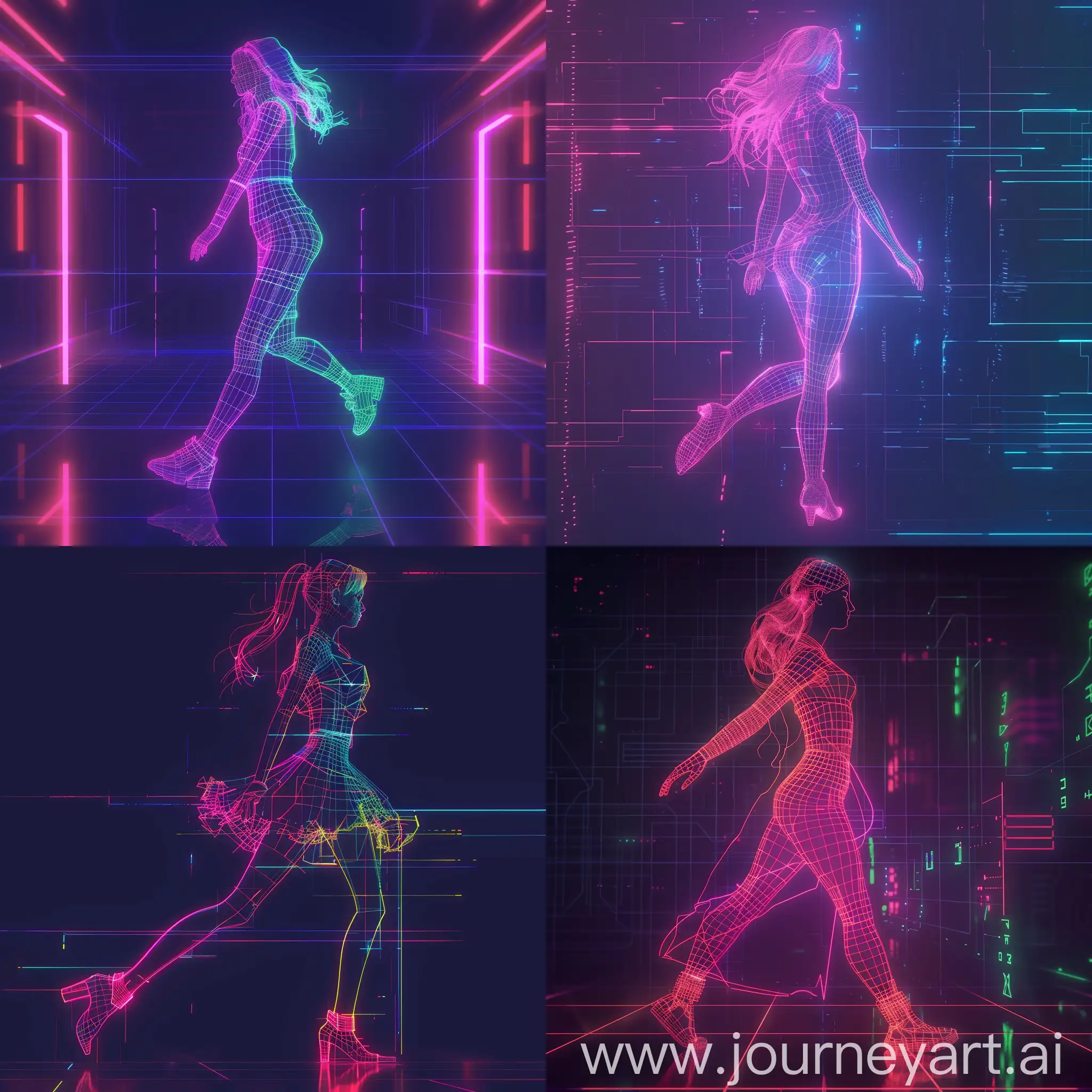 Wireframe Artwork - "Digital Neon Silhouette": Style/Artist: Piet Mondrian's abstract art, Gmunk's wireframe designs. Tags: 3D Render, Dynamic Motion, Vibrant, Conceptual. Prompt: Design a Alluring Woman in Dynamic Motion in Neon wireframe, with details akin to a digital blueprint. The scene should radiate with neon colors against a dark background, incorporating Mondrian's geometric precision and Gmunk's digital aesthetics. Highlight the intersection of technology and Female Allure., dark fantasy, 3d render, illustration, vibrant, architecture, cinematic