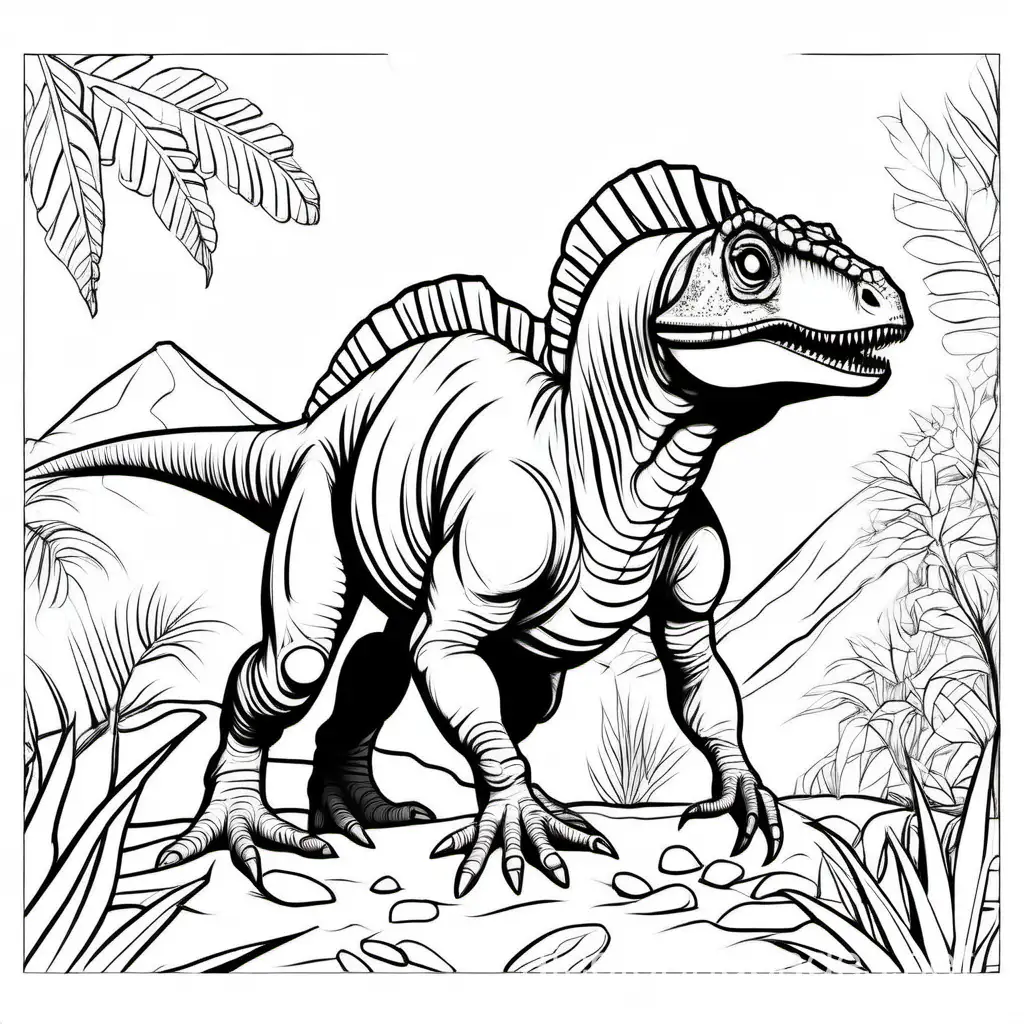 Pachycephalosaurus dinosaur, prehistoric background line drawn black and white, Coloring Page, black and white, line art, white background, Simplicity, Ample White Space. The background of the coloring page is plain white to make it easy for young children to color within the lines. The outlines of all the subjects are easy to distinguish, making it simple for kids to color without too much difficulty, Coloring Page, black and white, line art, white background, Simplicity, Ample White Space. The background of the coloring page is plain white to make it easy for young children to color within the lines. The outlines of all the subjects are easy to distinguish, making it simple for kids to color without too much difficulty