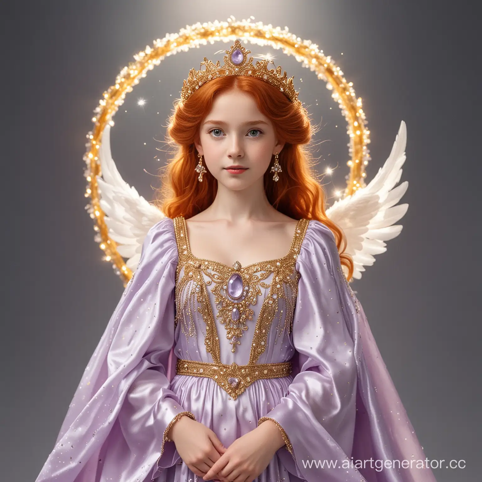 A red-haired angel girl wearing a golden tiara with a moon and a lilac dress in precious stones