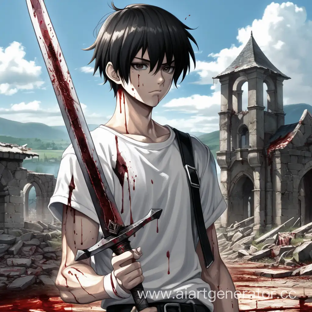 Парень, 19 лет, аниме стиль, на фоне разрушенной деревни, в руках стальной белый меч, одет в белую футболку, черные штаны, очень короткие волосы, шрам над бровью, средний рост, среднее лицо, сухое лицо, в крови