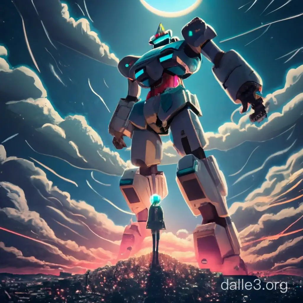 A giant robot standing in the air in the moonlit night sky shows a scene where minerals and wonderful lights shine more brilliantly in the eyes like a Gundam Annie robot