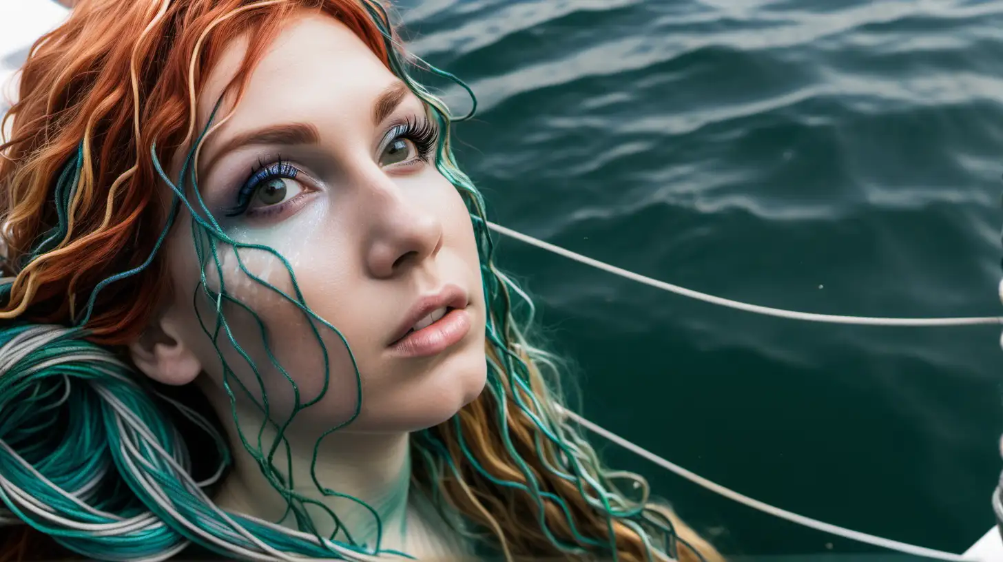 closeup of mermaid face near surface of water next to boat that is tangle in fishing line