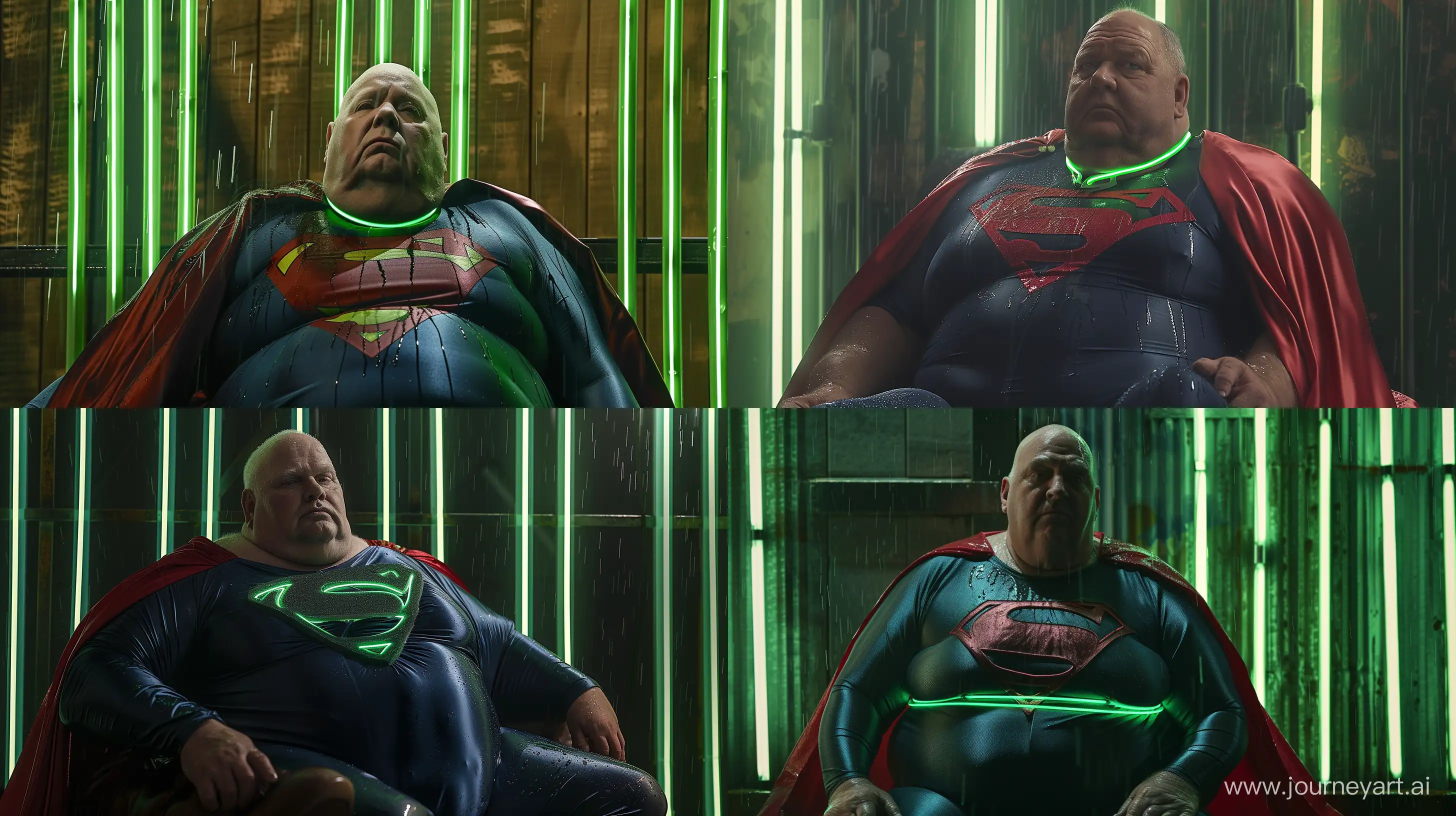 Extreme close-up shot photo of a fat man aged 60 wearing a silk navy wet superman tight costume with a large red cape and a tight green glowing neon dog collar. Sitting against green glowing green neon bars. Heavy Rain. Natural Light. --style raw --ar 16:9