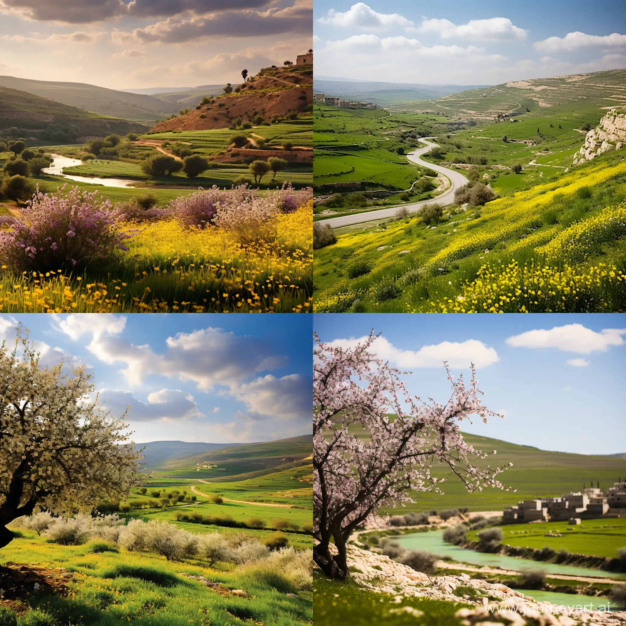 الريف الفلسطيني حيث تتجلى السهول الخضراء الممتدة والحقول الملونة بزهور الربيع. يتخللها أنهار وعيون تضفي جمالاً طبيعياً، وتتناغم مع الزراعة المتنوعة، وخاصة الزيتون، الذي يمثل جزءاً لا يتجزأ من هويته. تتناغم أشجار الزيتون مع البساتين المتناثرة، ويزين المشهد بيوت ريفية تعبر عن التراث والبساطة، فيما يعكس هدوء الحياة في الريف الفلسطيني توازناً رائعاً بين الطبيعة والثقافة