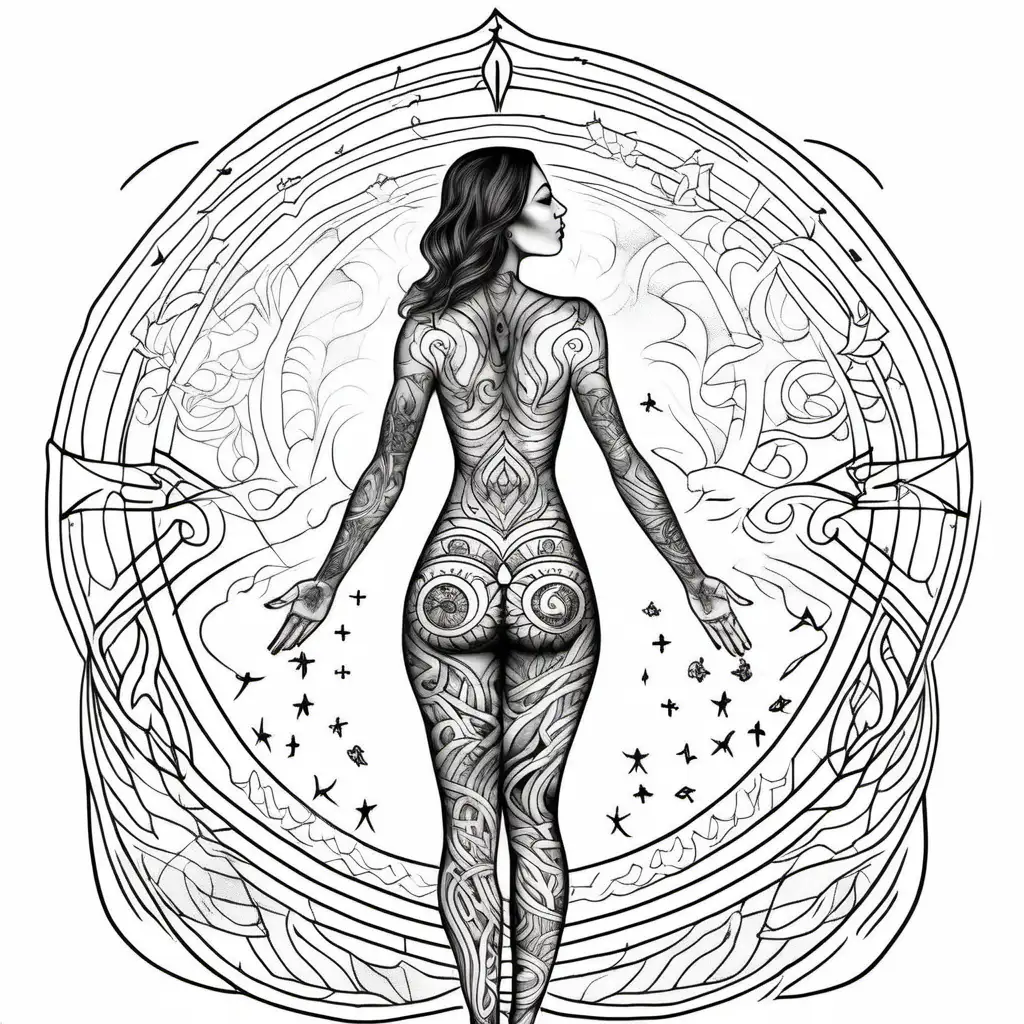 white transparent background. black line drawing of beautiful woman with spiritual symbolic tattoes on the skin. woman is standing looking up to the sky