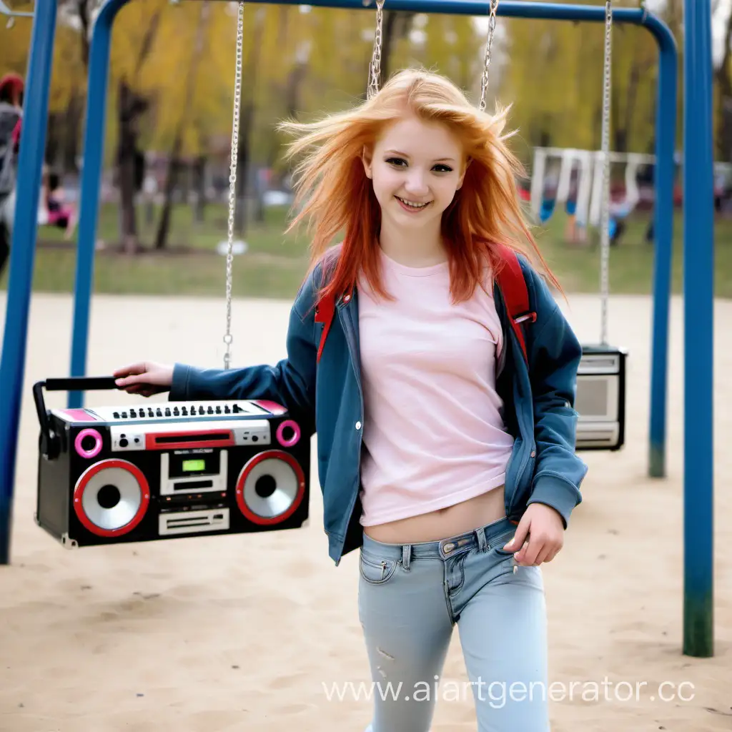 Cheerful-Teenager-Kristina-Walking-with-a-Boombox-near-Swings