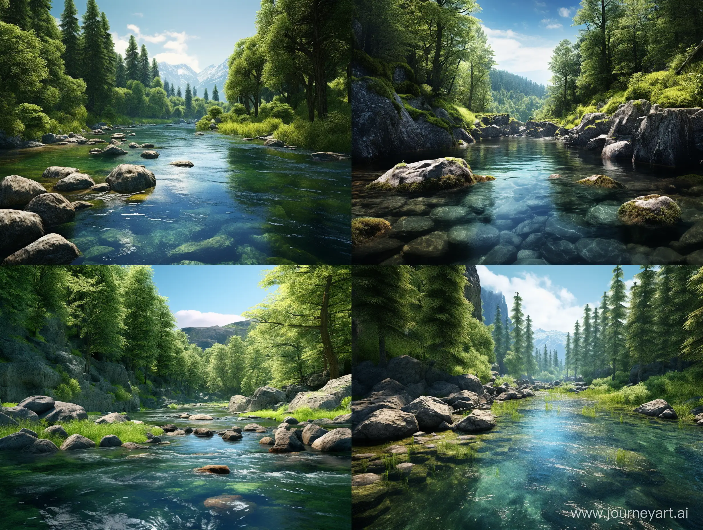 Vista panorámica cinematográfica y fotorealista de un río europeo con aguas claras y fondos rocosos en un bosque frondoso, en formato 16:9