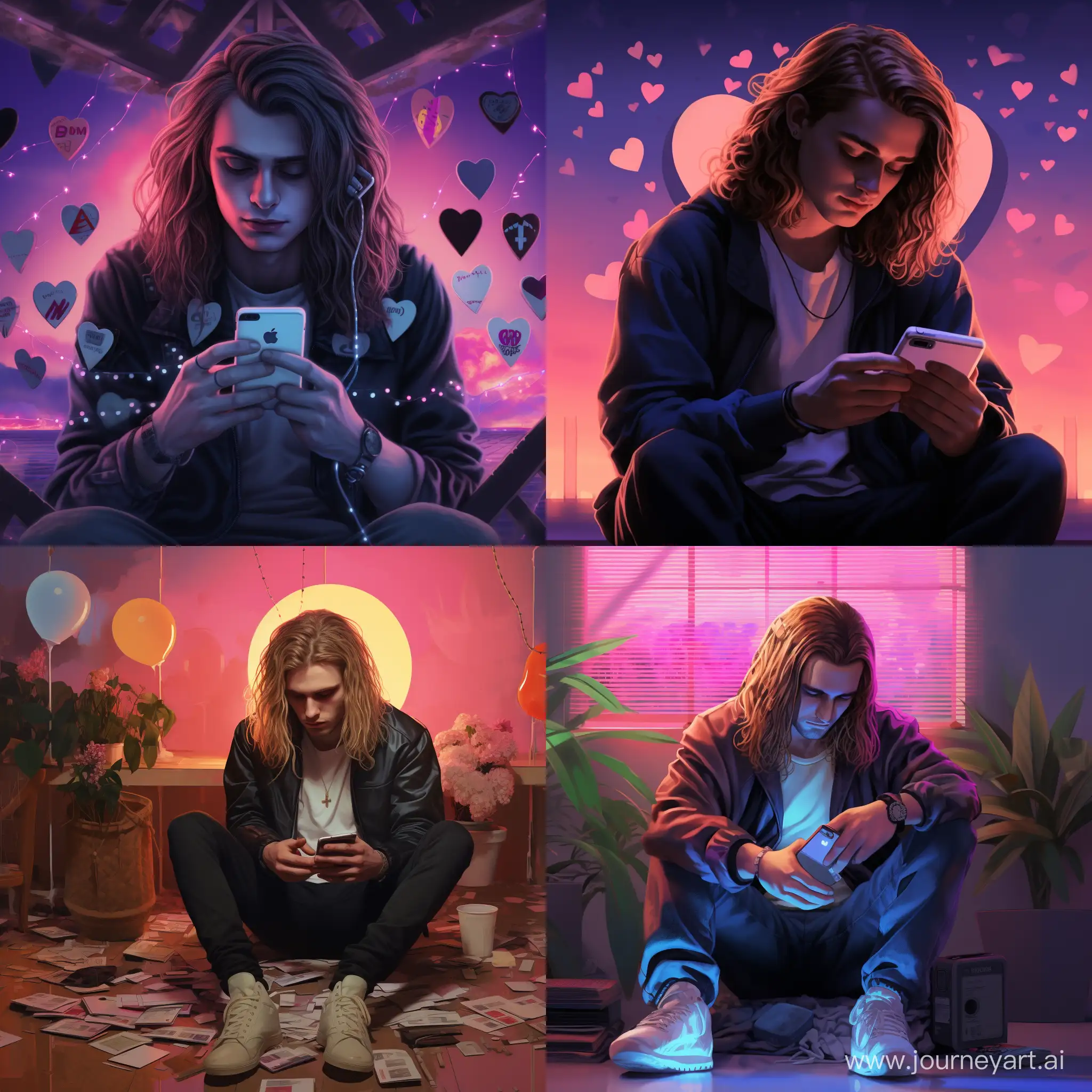 cover art for the track titled "love in messenger", A sad white-skinned guy with long hair is suffering and sad with a phone in his hands, cyberpank style, 3d