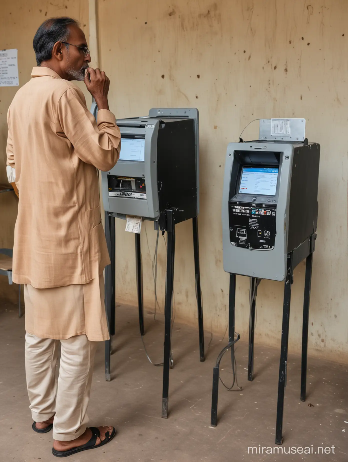 Indian Voter Thinking before voting, One ELectronic Voting machine beside