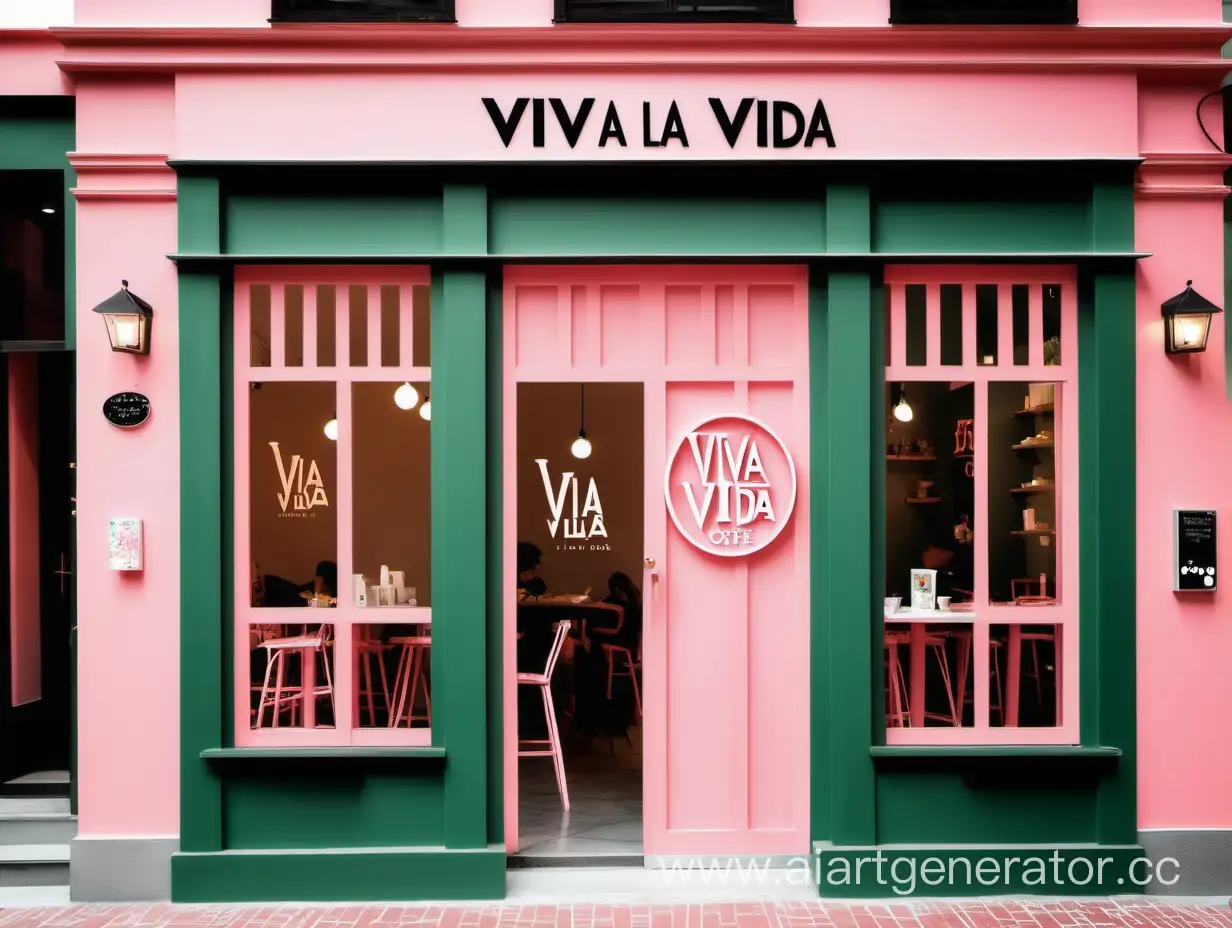 trendy and cozy cafe named 'Viva La Vida' located in the heart of the city., provides a welcoming atmosphere for young professionals, students, and urban dwellers seeking quality coffee and food, a comfortable workspace. Offers a unique blend of premium coffee, freshly baked pastries, and wholesome snacks. Add some colors like light green and light pink
