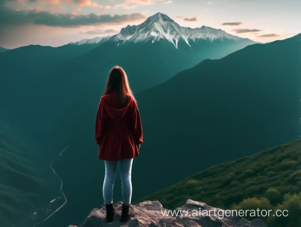 The girl stands on the edge of the mountain with her back and looks at the stunning mountain view